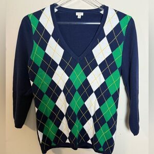 J.Crew Argyle V neck Sweater Medium Preppy Academia Green Blue White